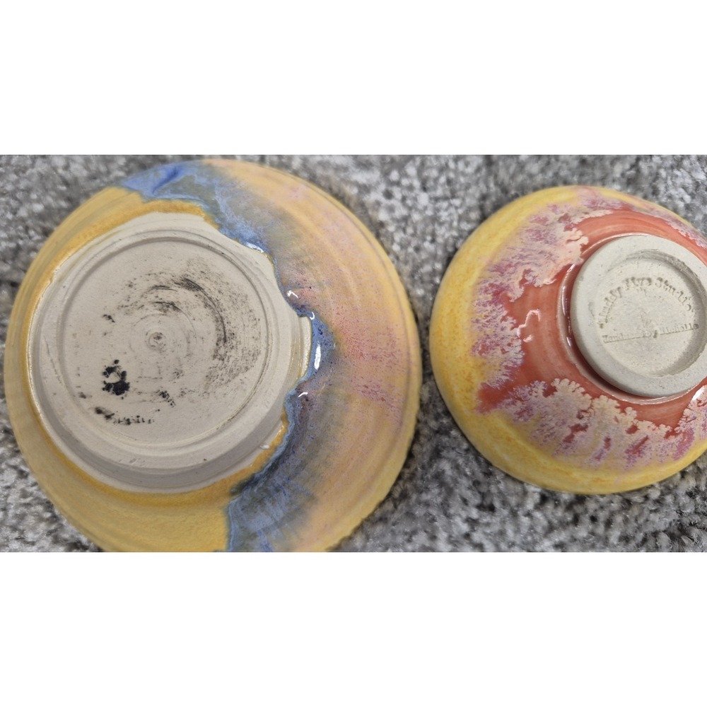 Muddy Five Studio Art Pottery Bowls Stoneware Yellow Blues‎ Pink Glazed Handmade - Picture 2 of 9